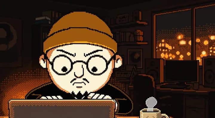같은 클립 다음 장면. 같은 비니와 안경, 같은 턱수염으로 노트북 자판을 치고 있어요.