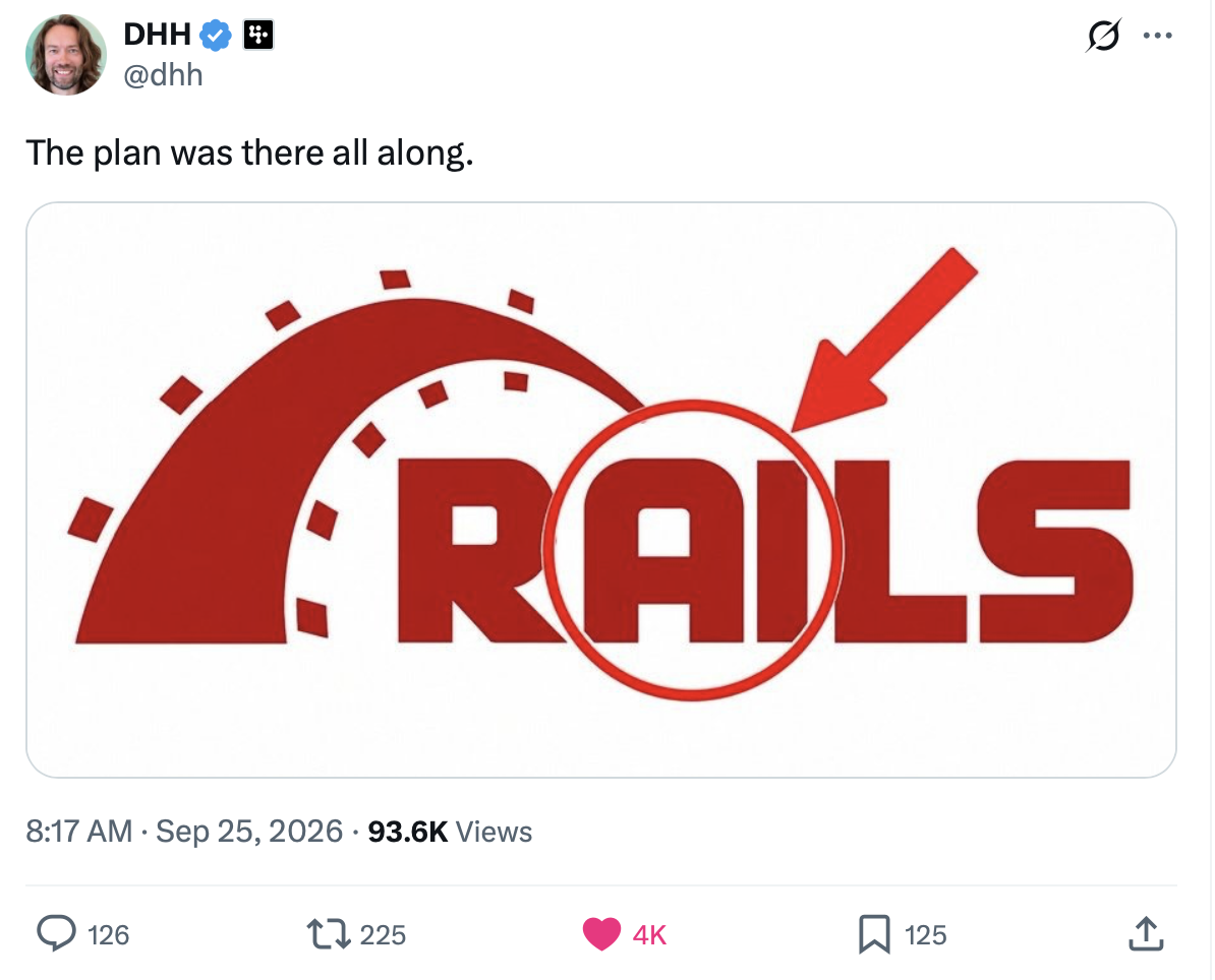 DHH가 올린 트윗. 'The plan was there all along.'이라는 문장 아래 루비 온 레일즈 로고의 RAILS 글자 중 A와 I에 빨간 원과 화살표가 표시되어 있습니다
